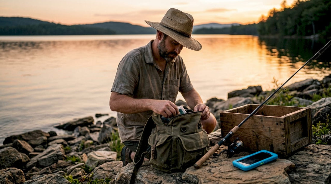 Man packing fishing gear at lakeside dock