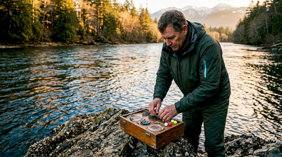 Angler organizing steelhead terminal gear outdoors