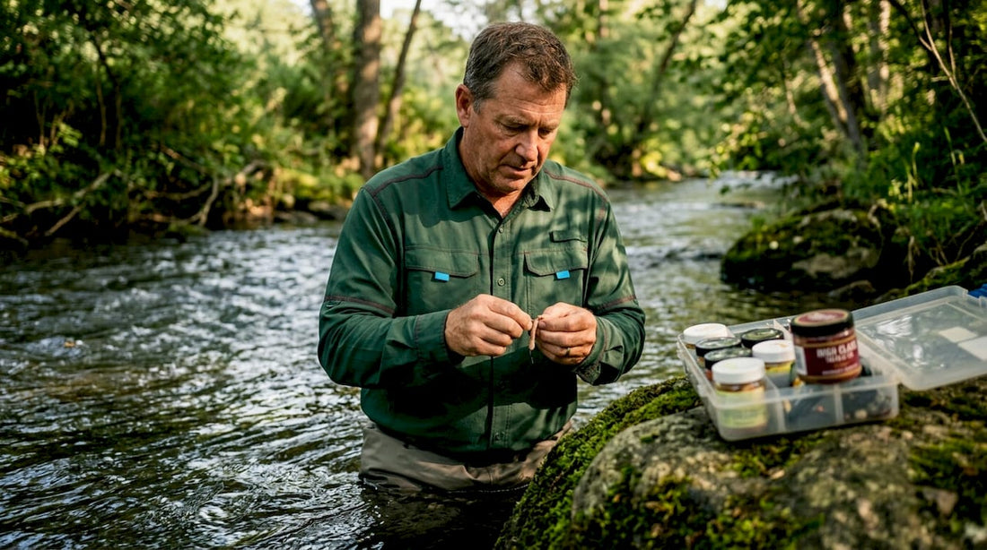 Angler applying scent bait on kokanee rig by lake
