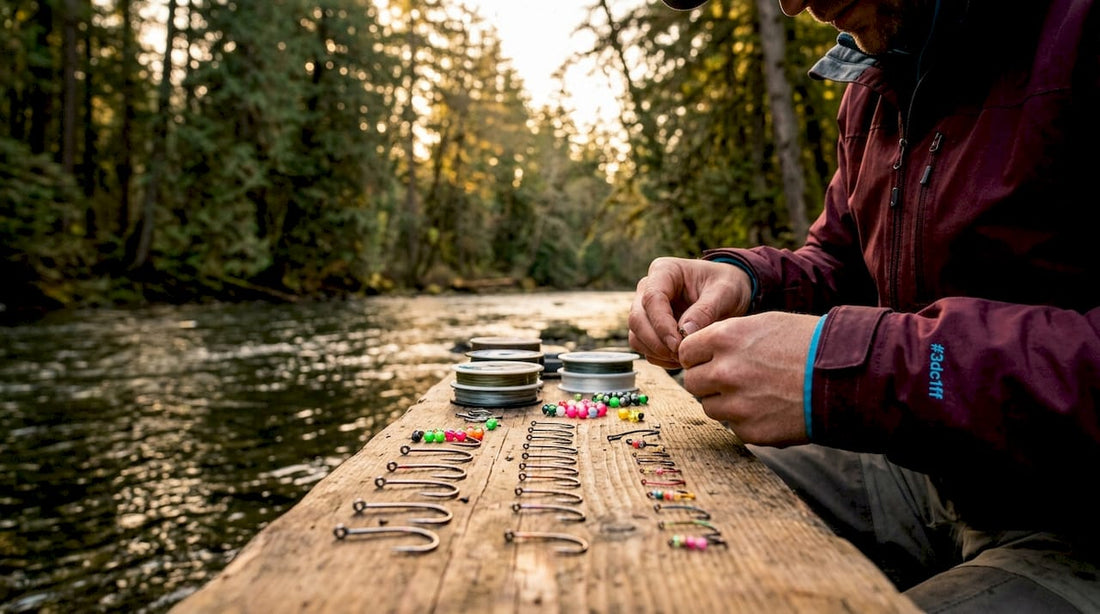 Assorted steelhead fishing hooks on outdoor table