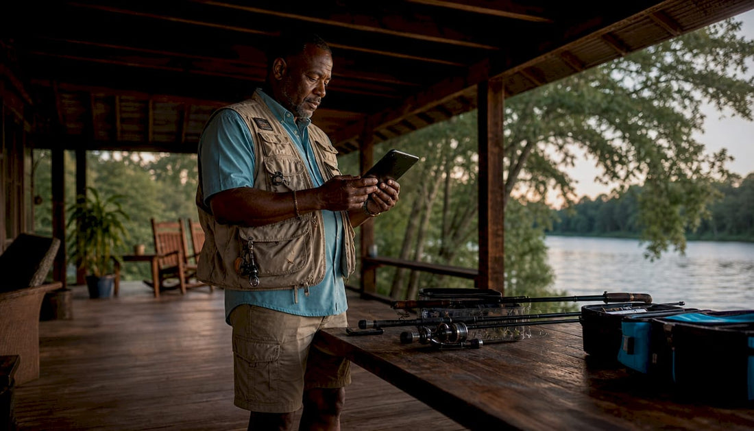 Angler checking online fishing challenge photos indoors