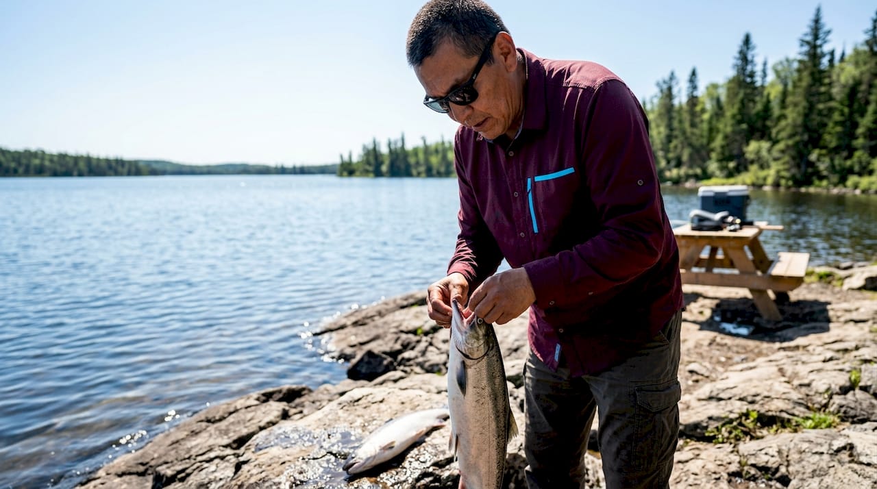 Angler comparing Chinook and Coho salmon outdoors