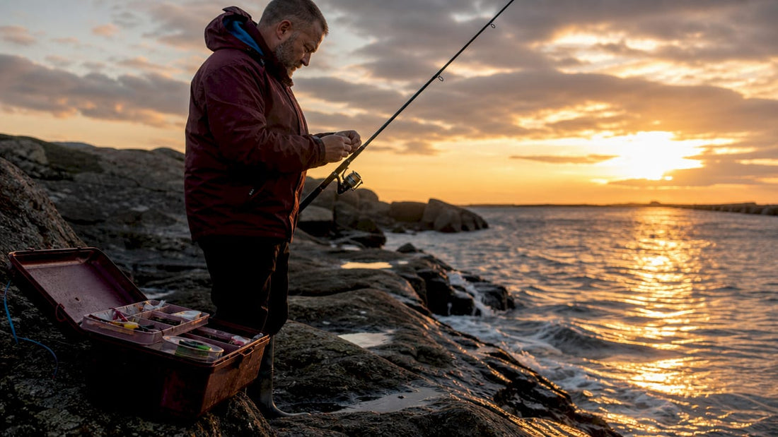 Angler setting up inlet fishing rod at tidal inlet