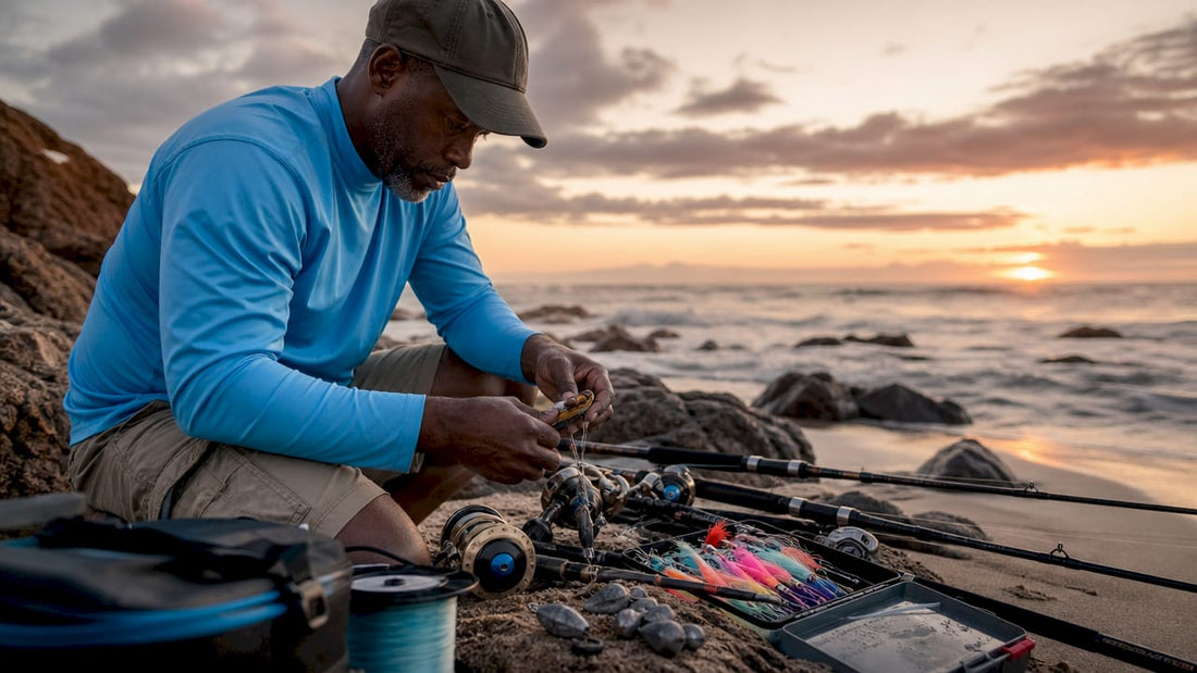 Angler organizing offshore fishing tackle on dock