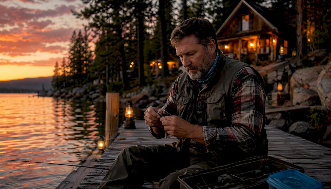 Angler preparing fishing rod at lakeside camp