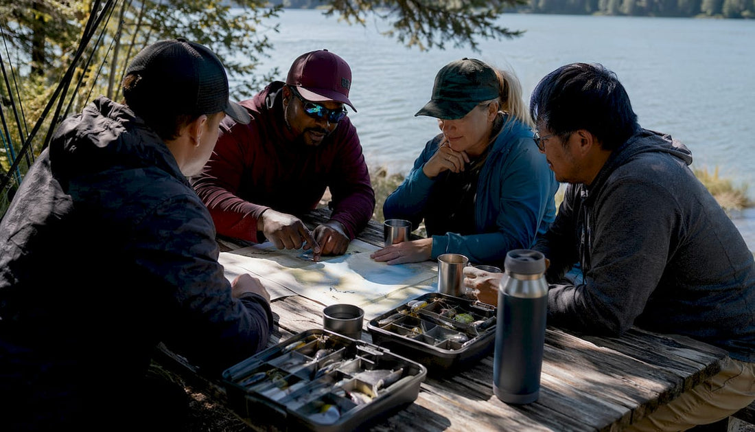 Team planning fishing tournament strategy outdoors