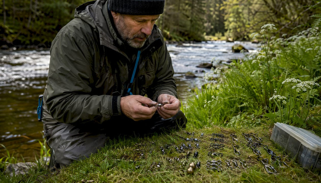 Hands sorting fishing swivels by river