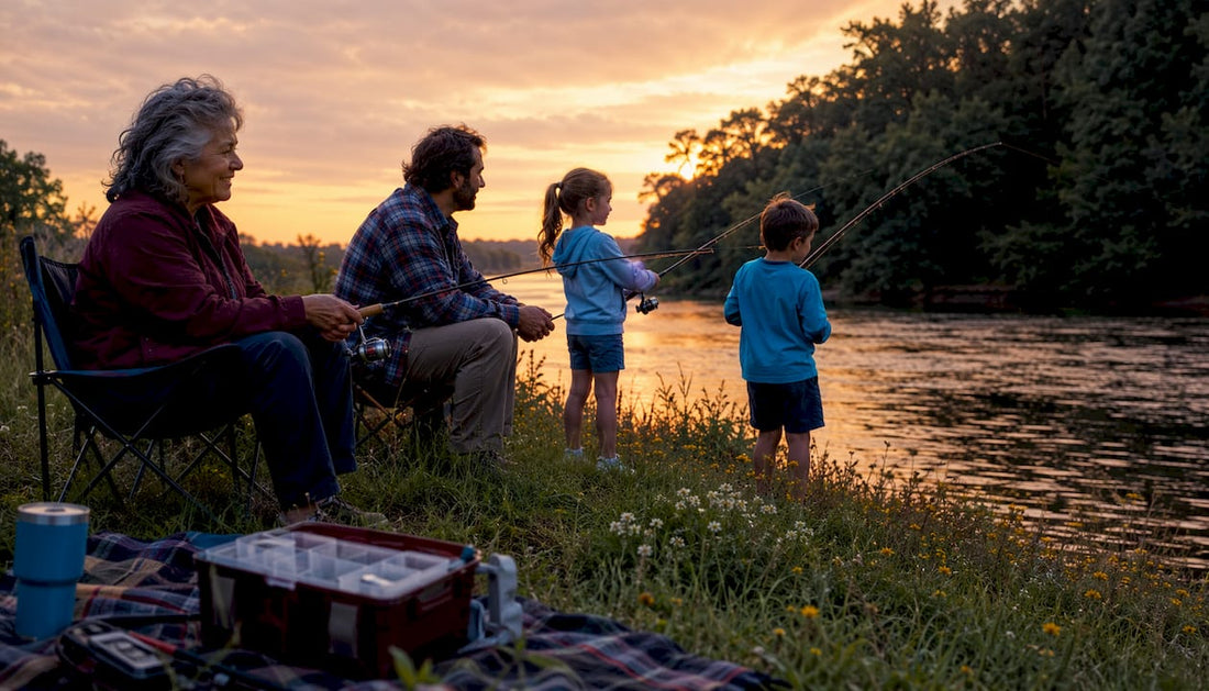 Multi-generation family fishing together on lake dock