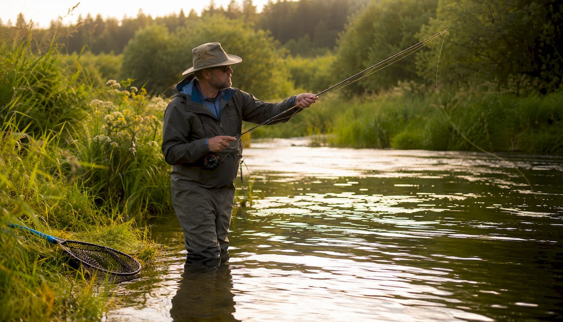 Angler casting fly rod in PNW river
