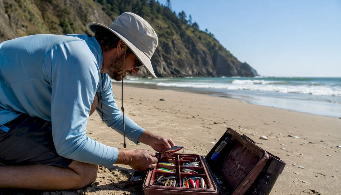 Angler selecting fishing lures by river in morning
