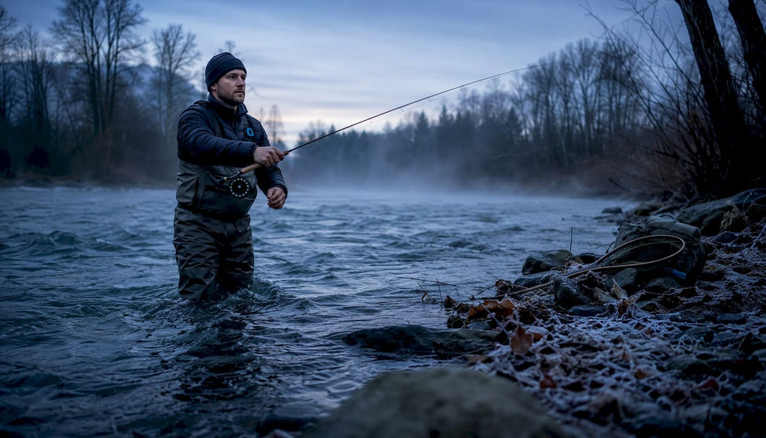 Angler fly fishing winter steelhead in river at dawn