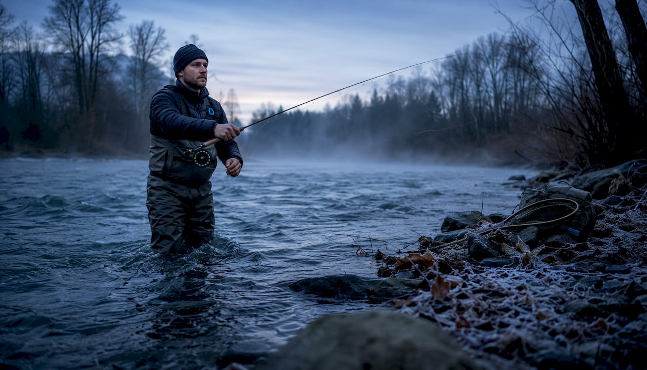 Angler fly fishing winter steelhead in river at dawn