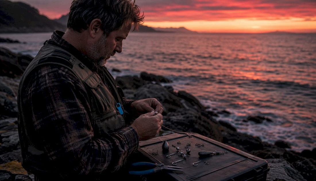 Angler assembling saltwater bottom fishing rig near ocean shore