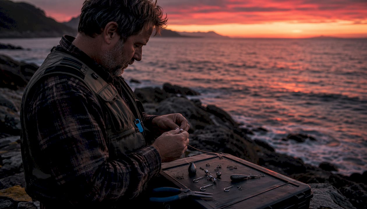 Angler assembling saltwater bottom fishing rig near ocean shore