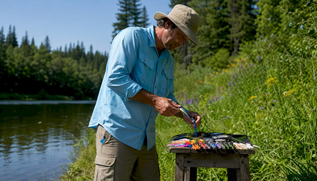 Angler examining squid skirts on dock