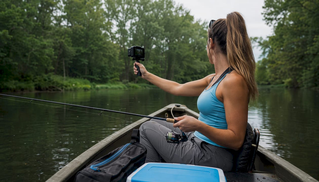 Fishing influencer filming on lake boat morning