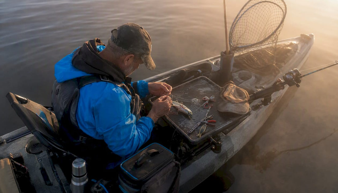 Angler rigging salmon teaser on boat