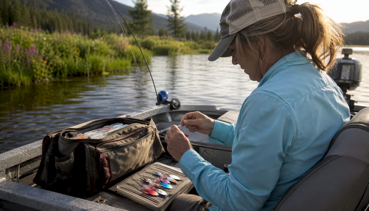 Angler tying leader line to kokanee dodger in boat