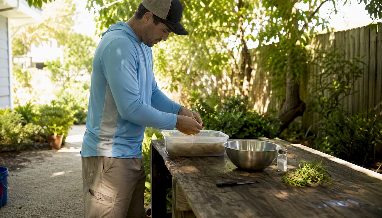 Fisherman prepping fresh sand shrimp bait outdoors