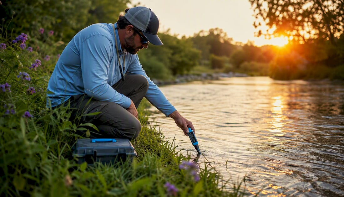 Angler measuring dissolved oxygen near lake shore