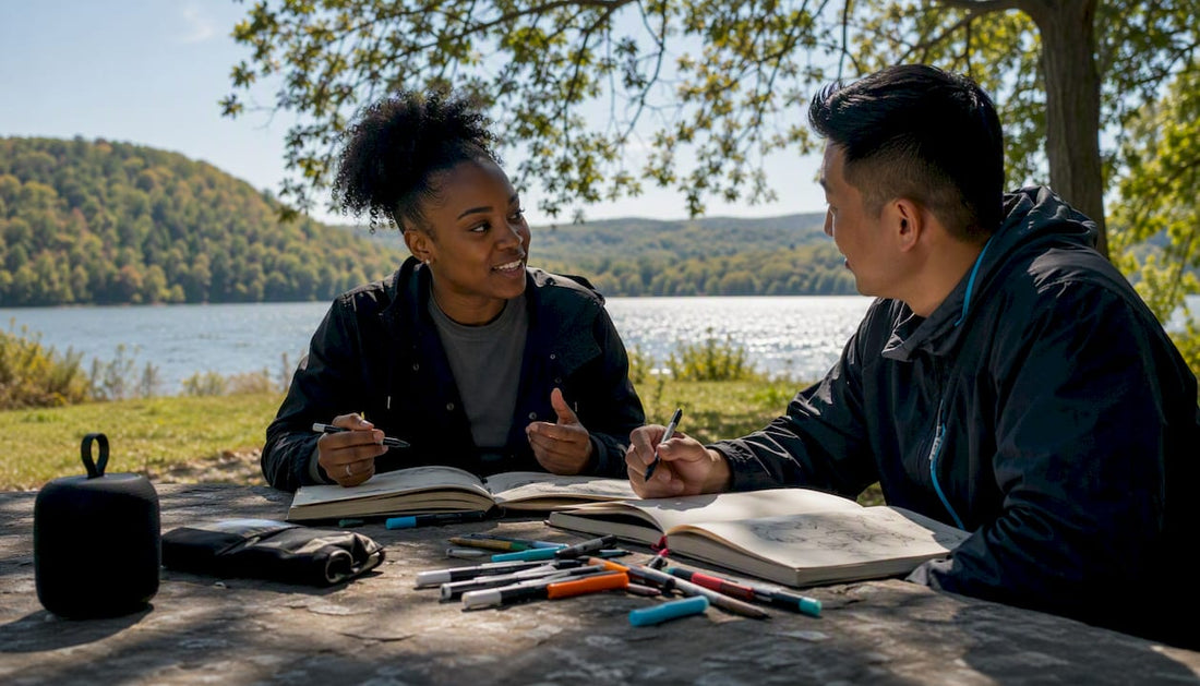 Creative team brainstorming outdoors