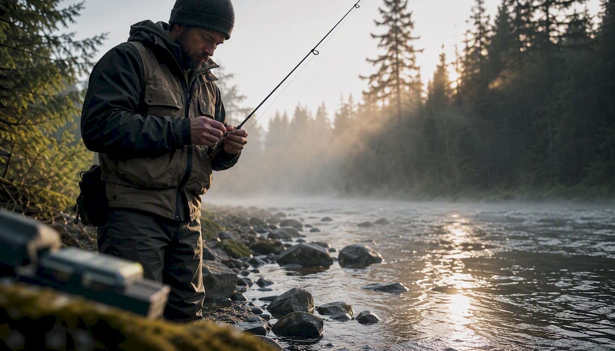 Angler preparing fishing tackle on riverbank at dawn