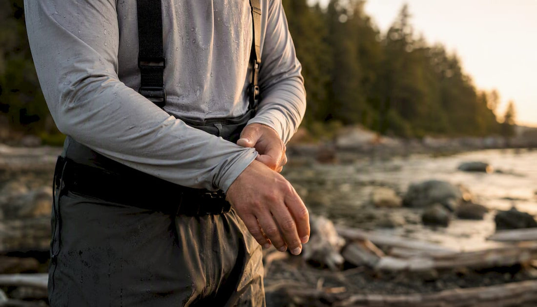 Angler adjusting fishing hoodie cuff on riverbank