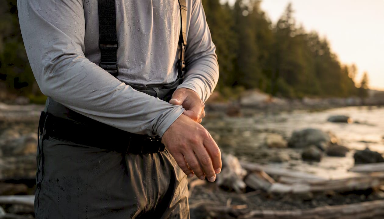 Angler adjusting fishing hoodie cuff on riverbank