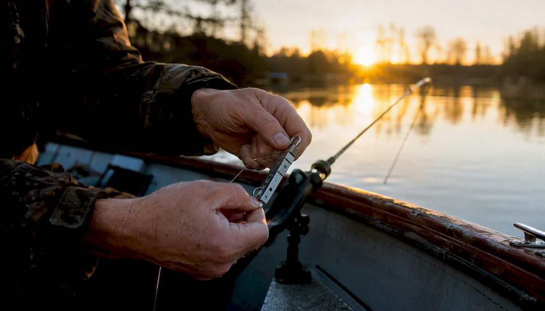 Hands adjusting kokanee downrigger release clip