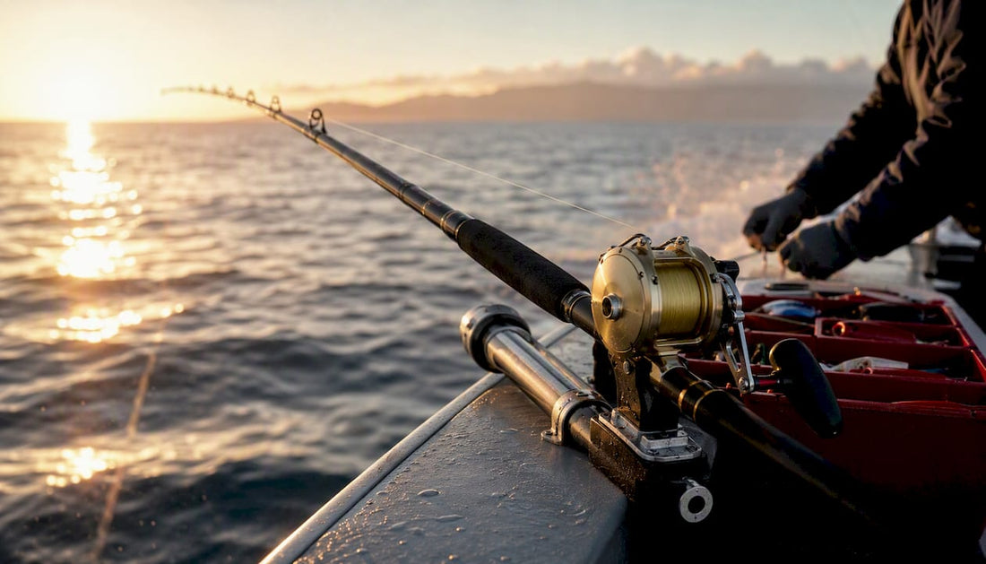 Close-up of trolling fishing gear setup on boat