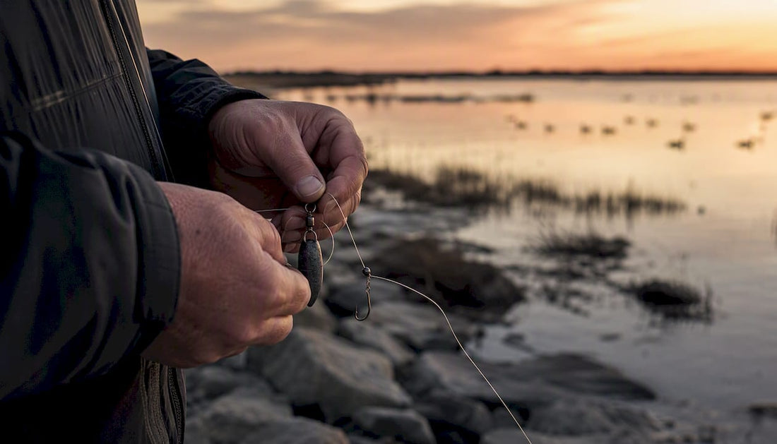 Angler preparing rigs at estuary shoreline dawn
