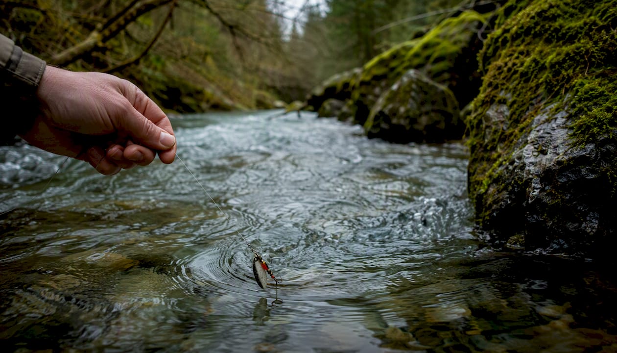 Hand dipping spinner blade rig into clear river water