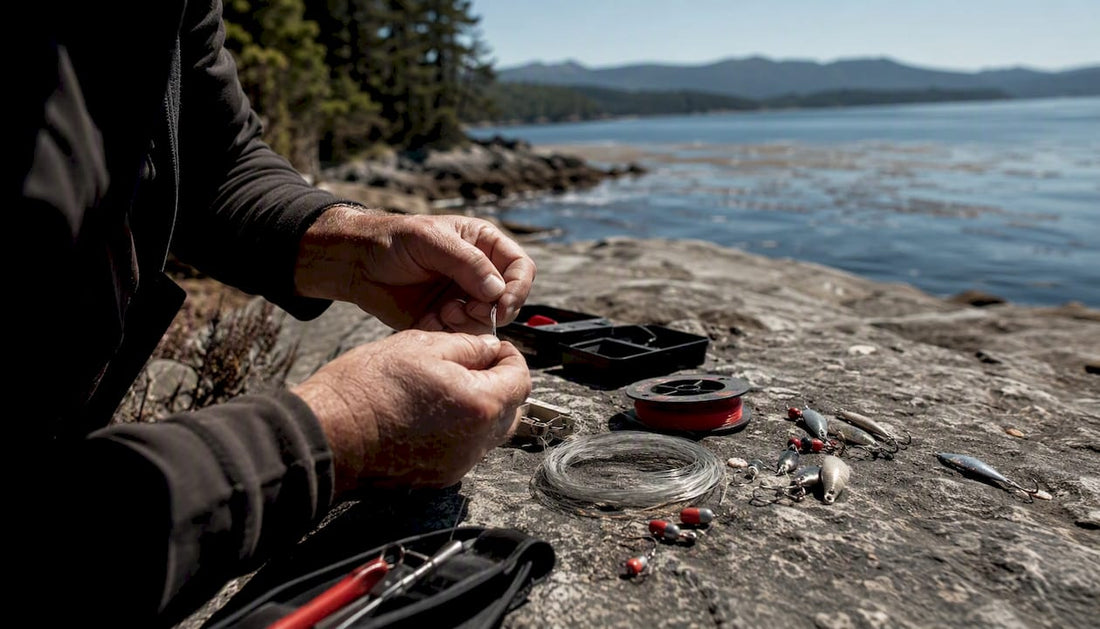 Angler's hands tying rig on PNW rocky shore