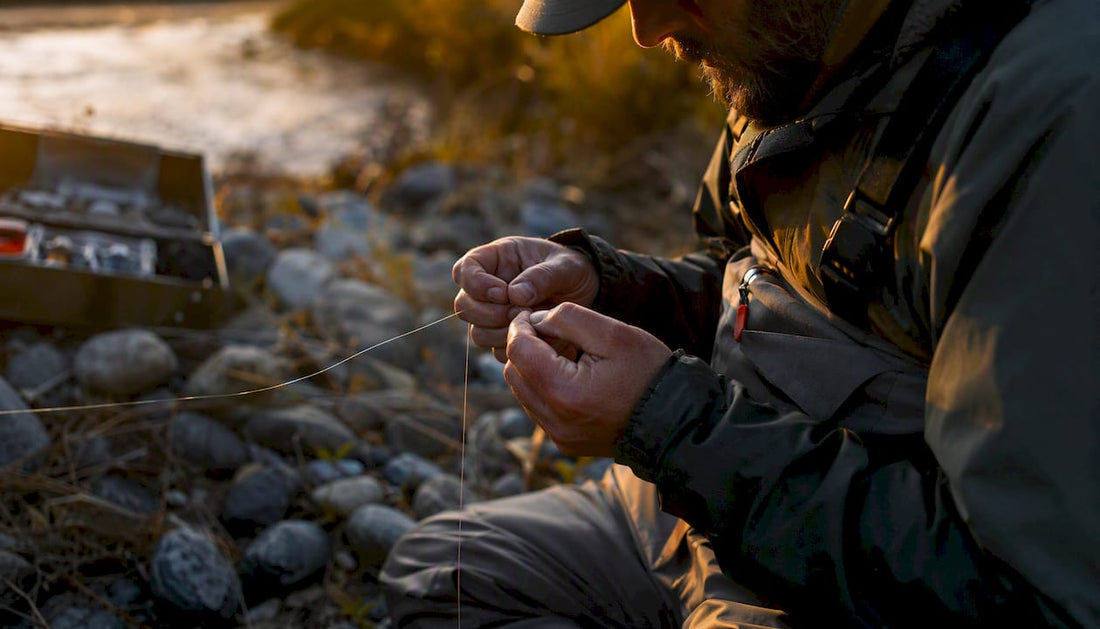 Angler tying fishing rig at dockside
