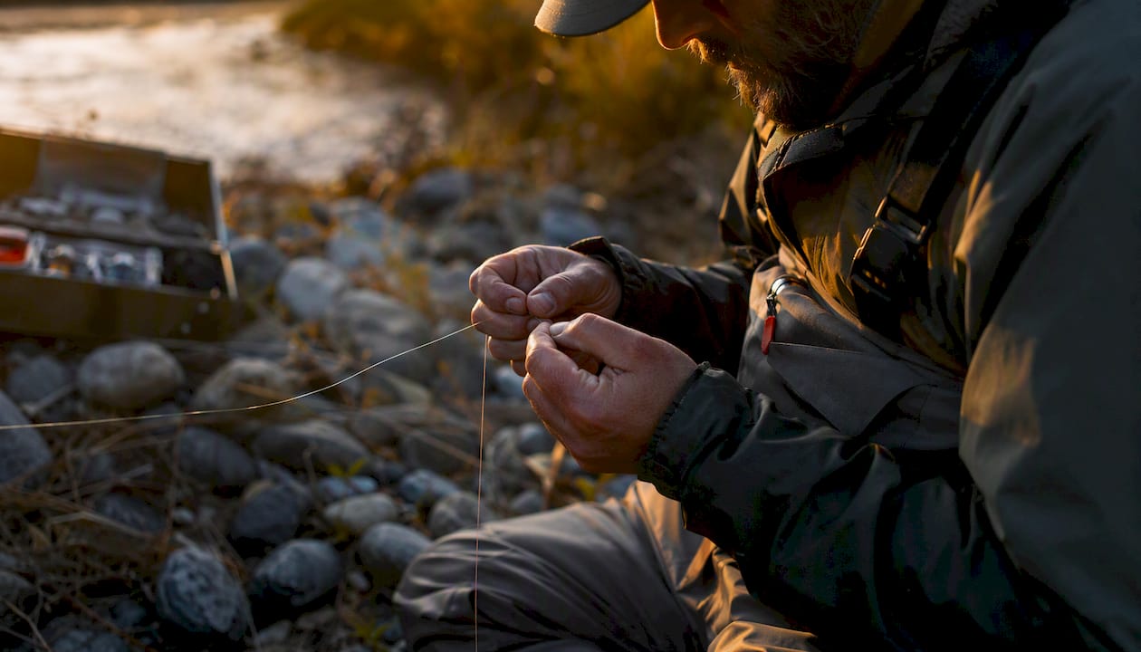 Angler tying fishing rig at dockside