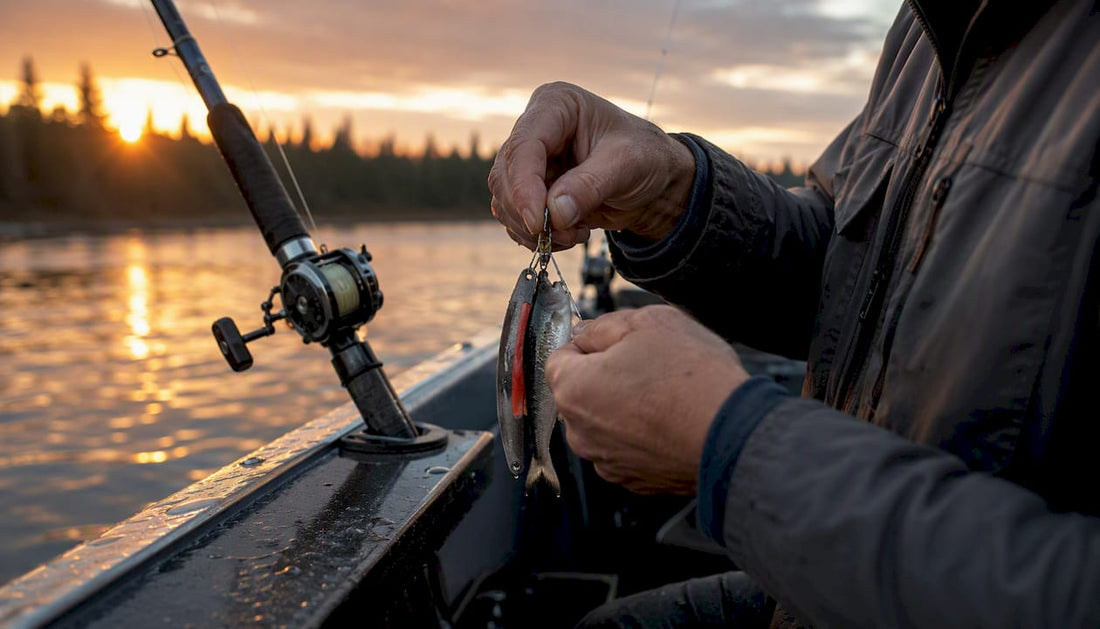 Angler adjusting trolling rod with bait on Willamette river