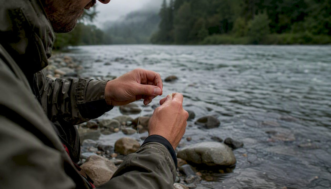 Close-up of hands adjusting steelhead leader on river