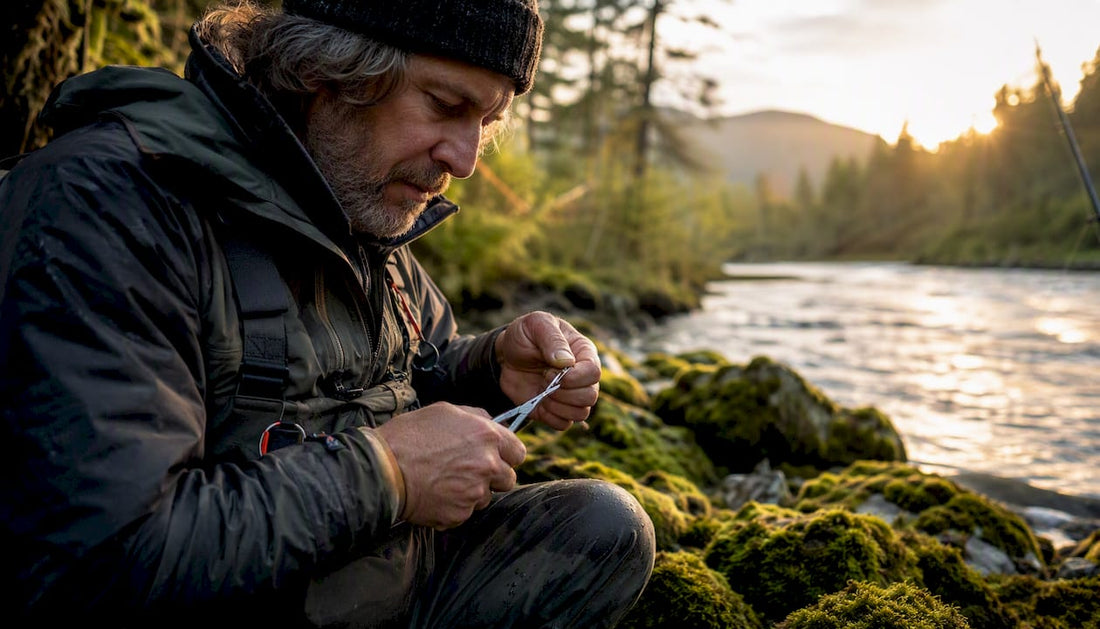 Angler crimping barb on fishing hook outdoors