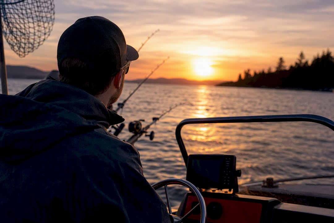 Fishing boat trolling with GPS speed visible