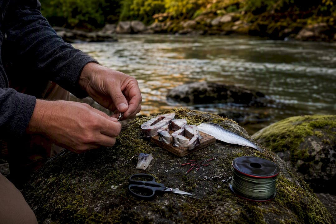 Hands tying cut plug herring rig on riverbank