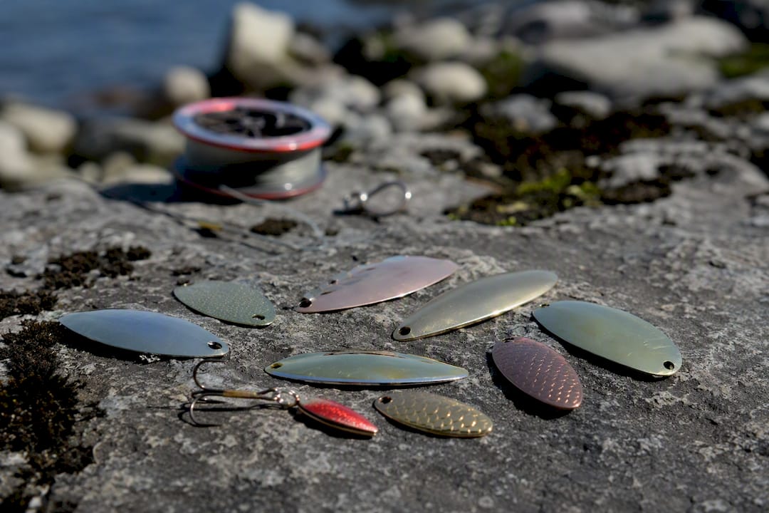 Assorted spinner blades on wooden surface