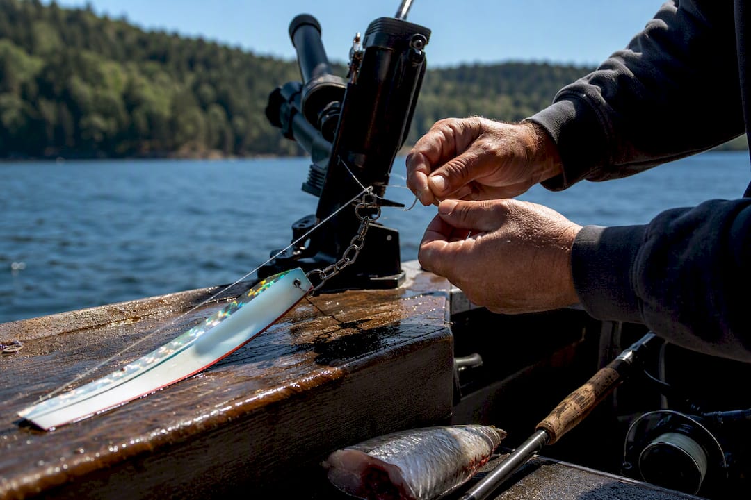 Hands tying fluorocarbon leader to flasher on boat deck