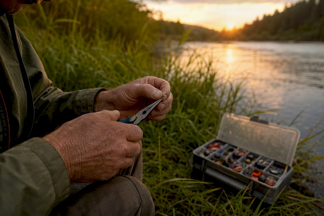 Angler crimping barbless hook with pliers