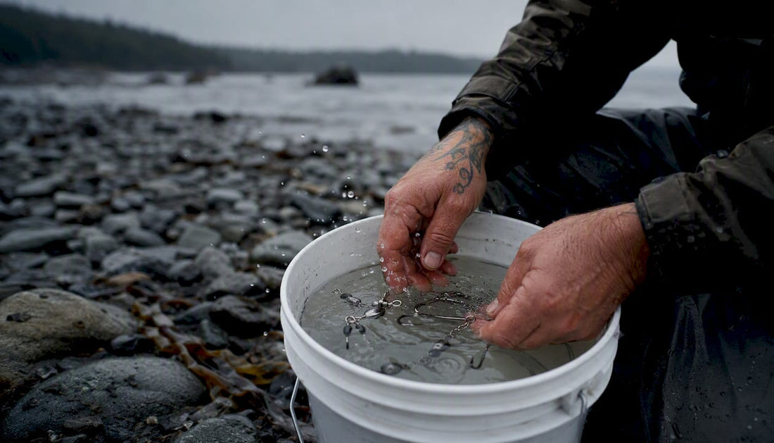 Angler rinsing saltwater fishing tackle by hand