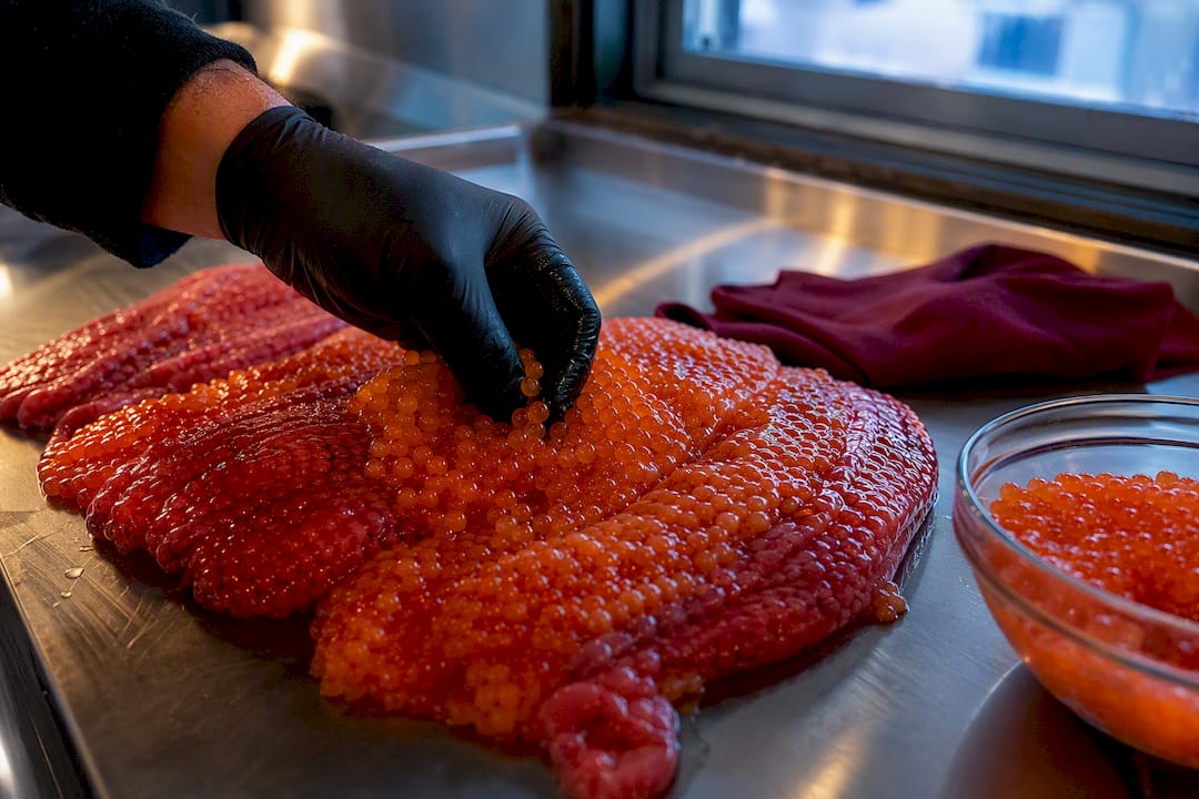 Fresh salmon skeins prepared for curing