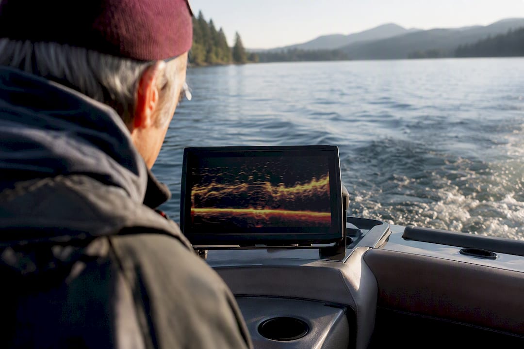 Angler reading kokanee sonar on lake