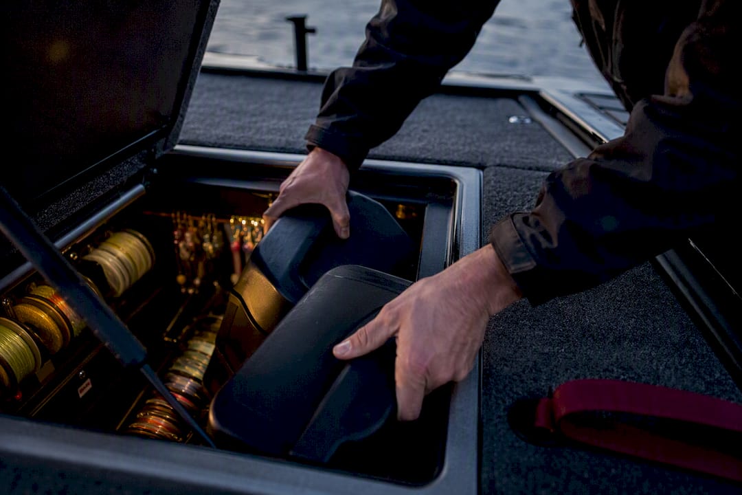 Organized salmon trolling gear in boat storage