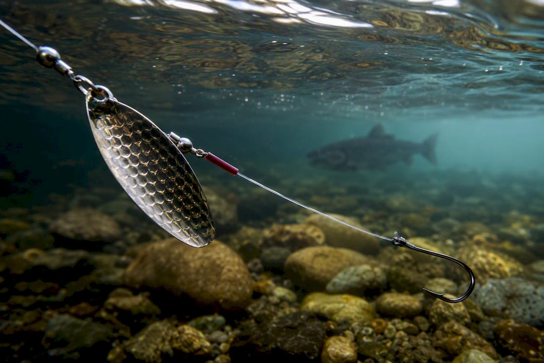 Spinner blade turning in salmon river current
