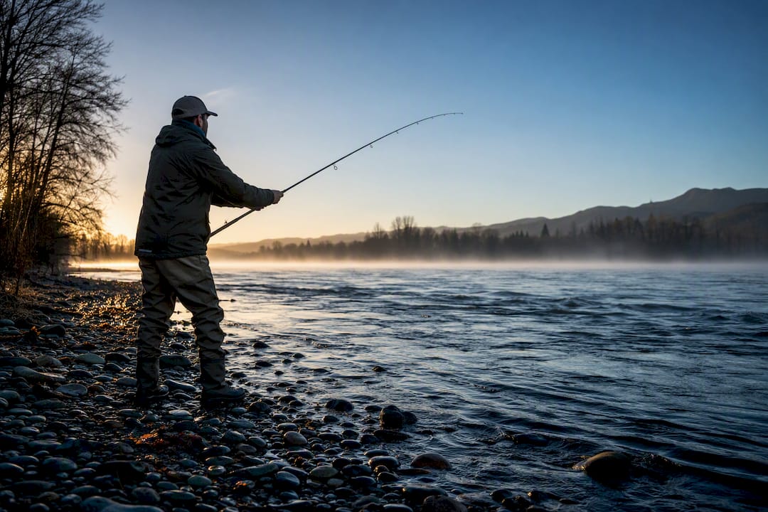 Angler casting from a Pacific Northwest riverbank