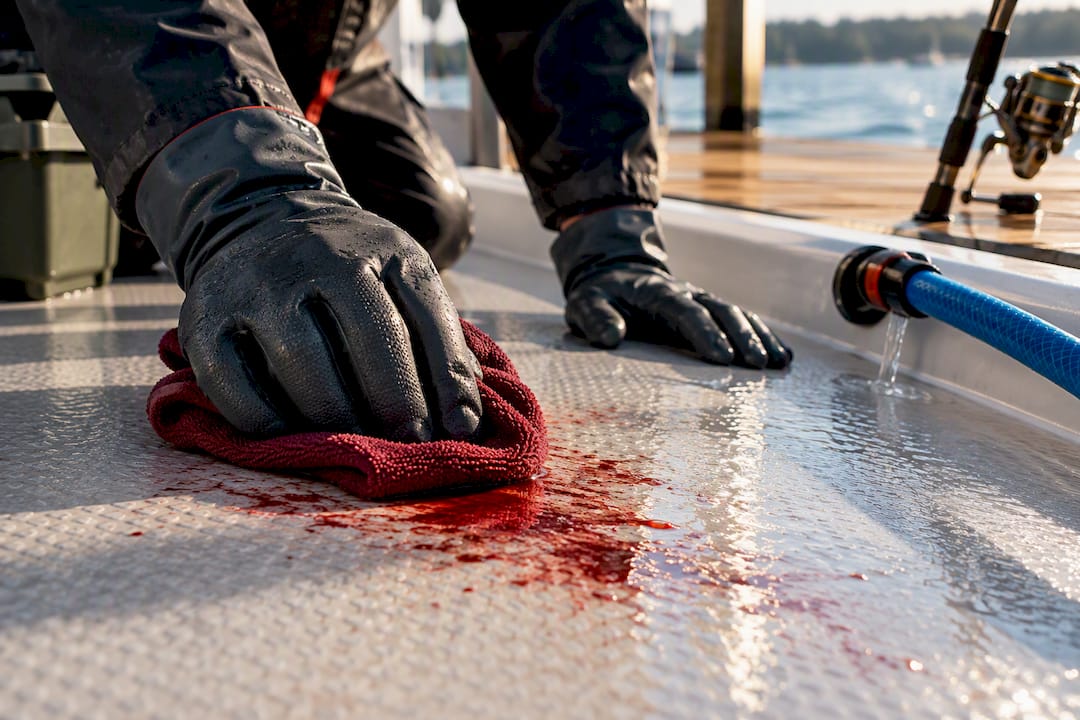 Angler wiping fish blood from boat deck